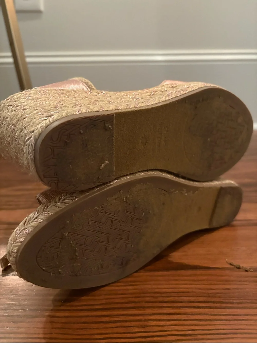 Stuart Weitzman Metallic Rose Gold Espadrille Wedge Sandals